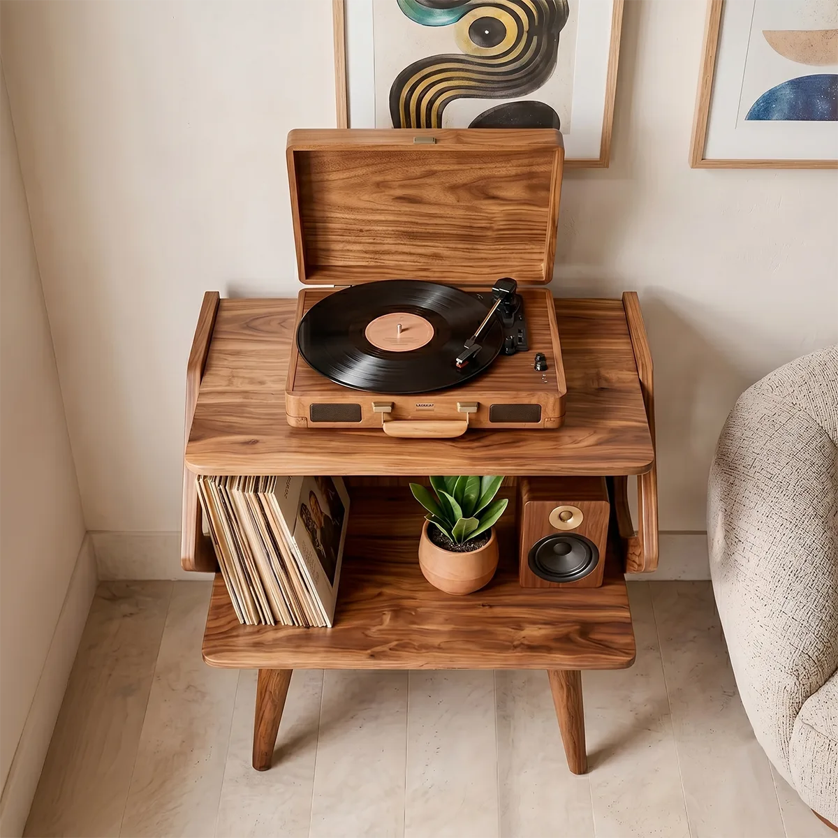 Mid Century Wooden Record Player Stand With Vinyl Storage
