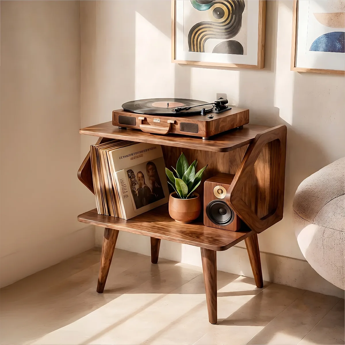 Mid Century Wooden Record Player Stand With Vinyl Storage