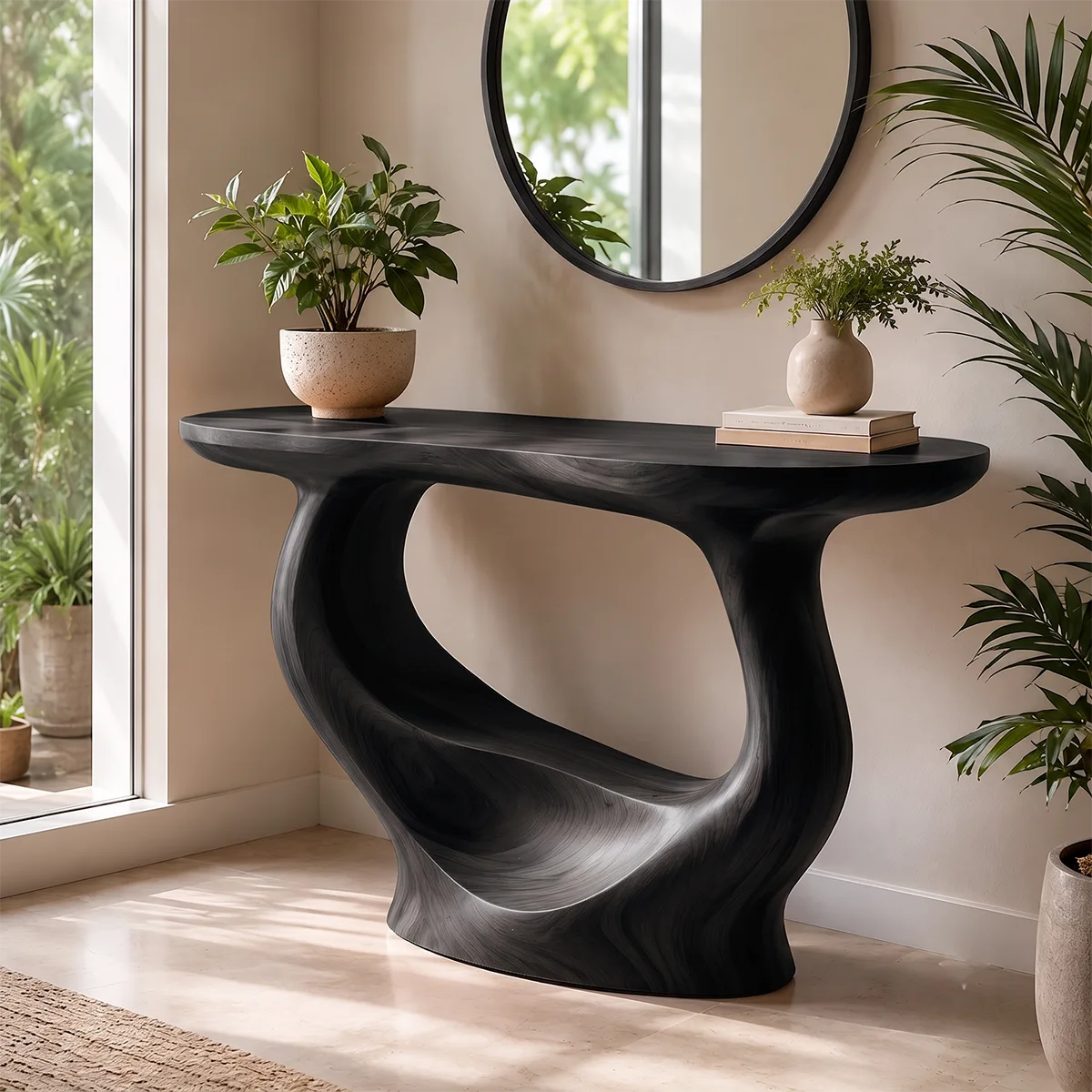 Modern Organic Console Table | Sculptural Solid Wood Entryway Console Table TT006-3157