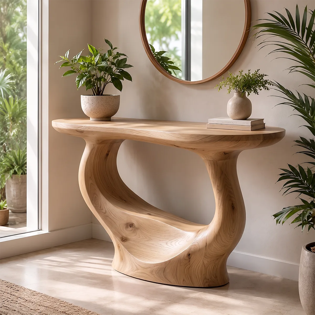 Modern Organic Console Table | Sculptural Solid Wood Entryway Console Table TT006-3157