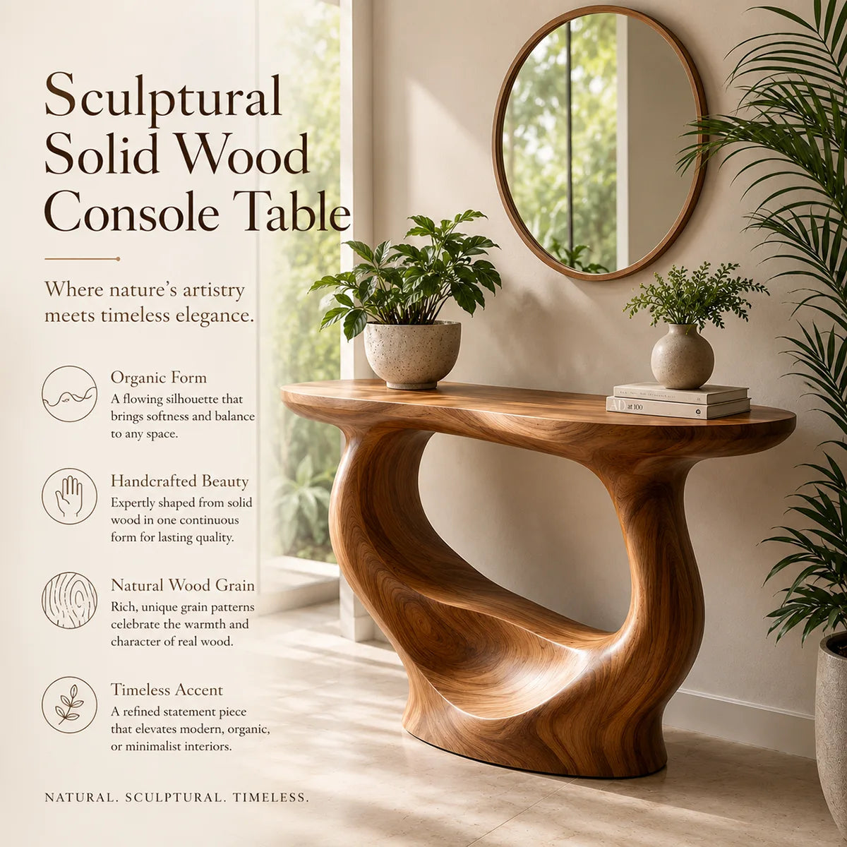 Modern Organic Console Table | Sculptural Solid Wood Entryway Console Table TT006-3157