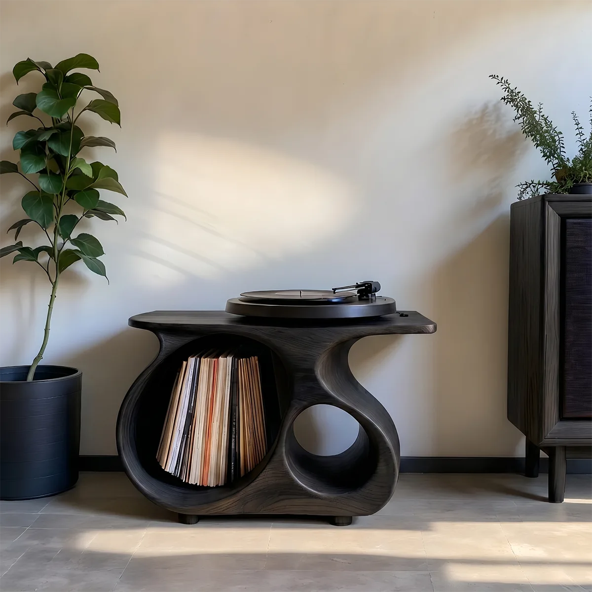 Mid-Century Modern Solid Wood Record Player Stand With Vinyl Storage