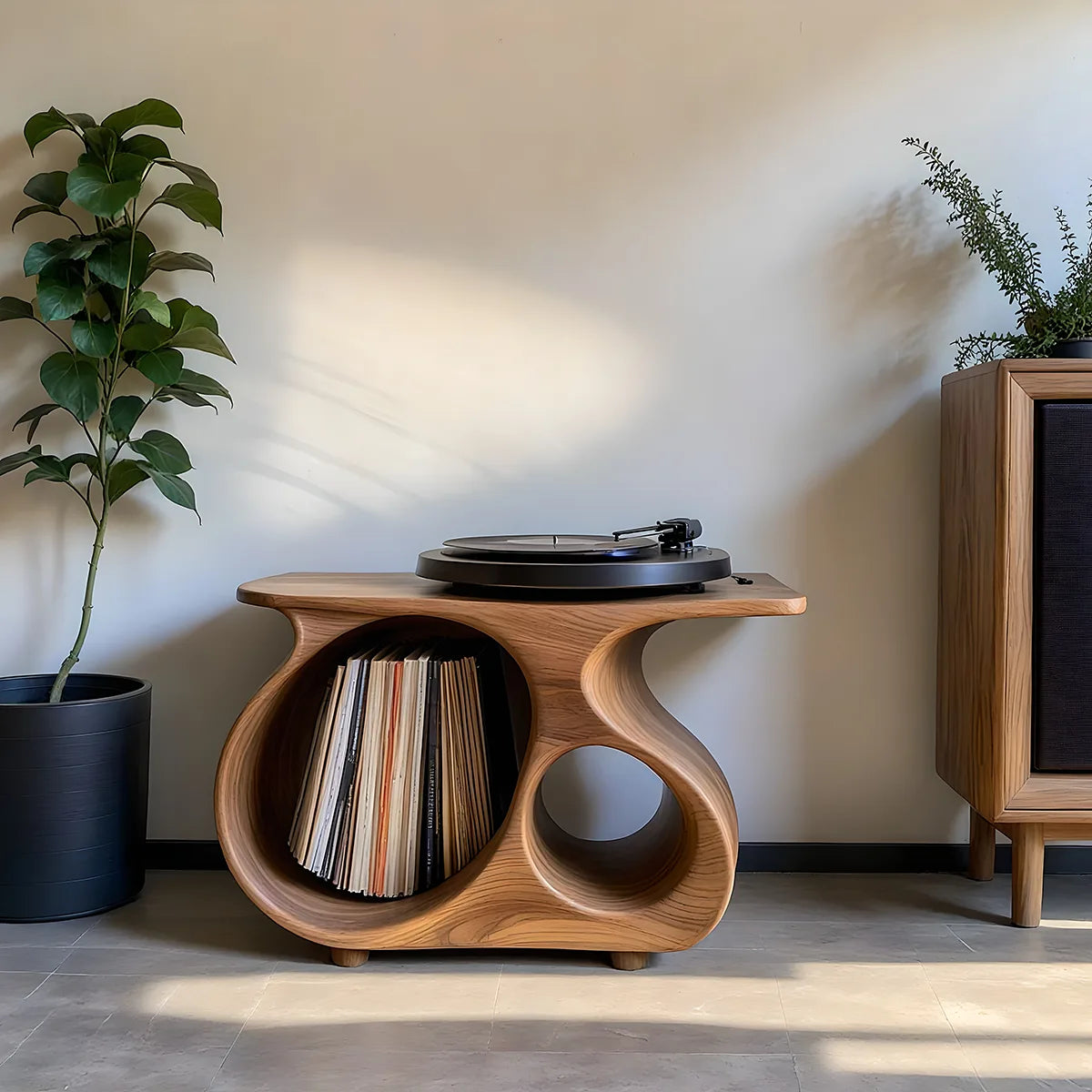 Mid-Century Modern Solid Wood Record Player Stand With Vinyl Storage
