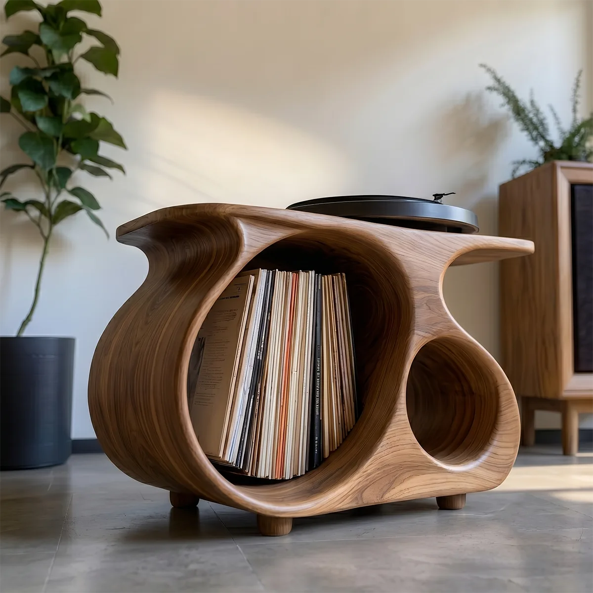 Mid-Century Modern Solid Wood Record Player Stand With Vinyl Storage