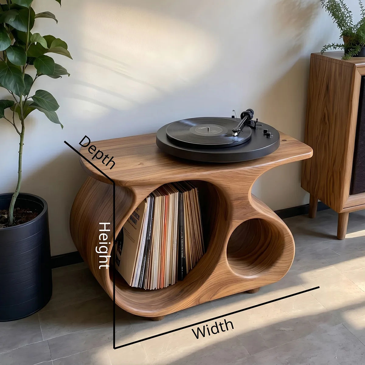 Mid-Century Modern Solid Wood Record Player Stand With Vinyl Storage