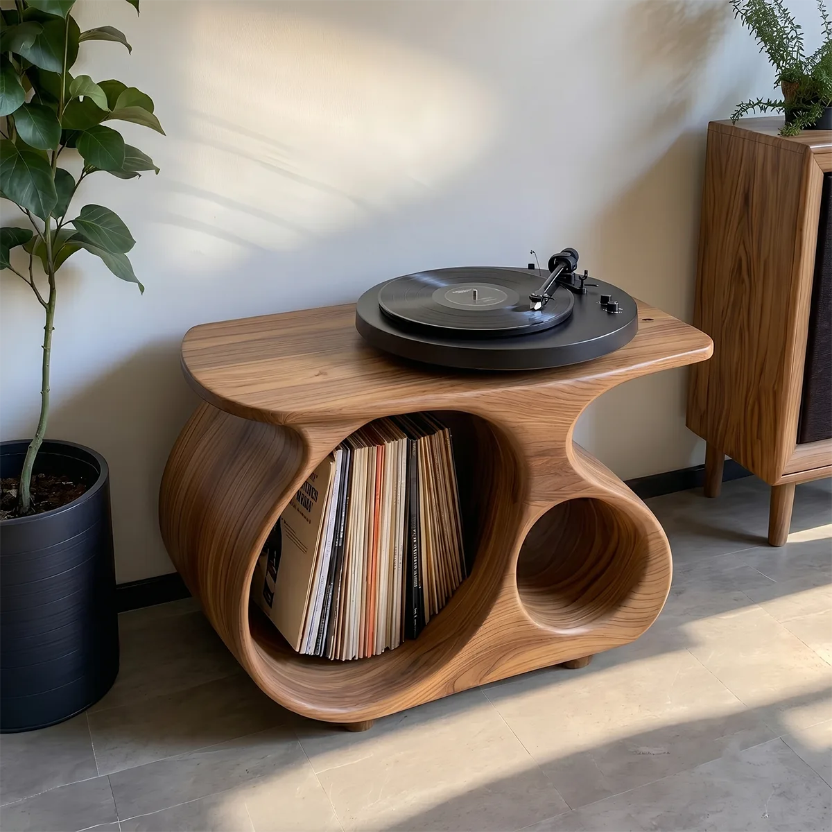 Mid-Century Modern Solid Wood Record Player Stand With Vinyl Storage