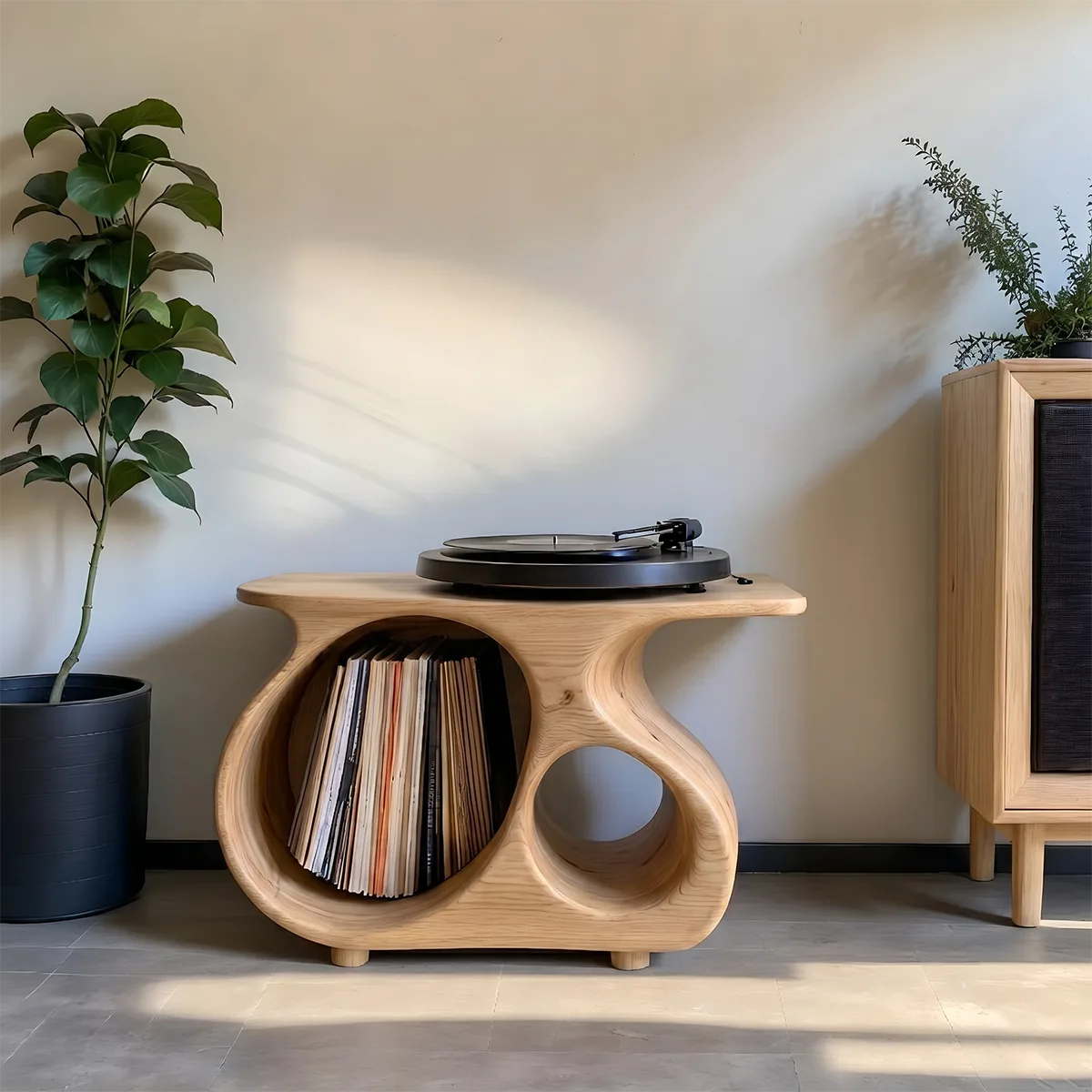Mid-Century Modern Solid Wood Record Player Stand With Vinyl Storage