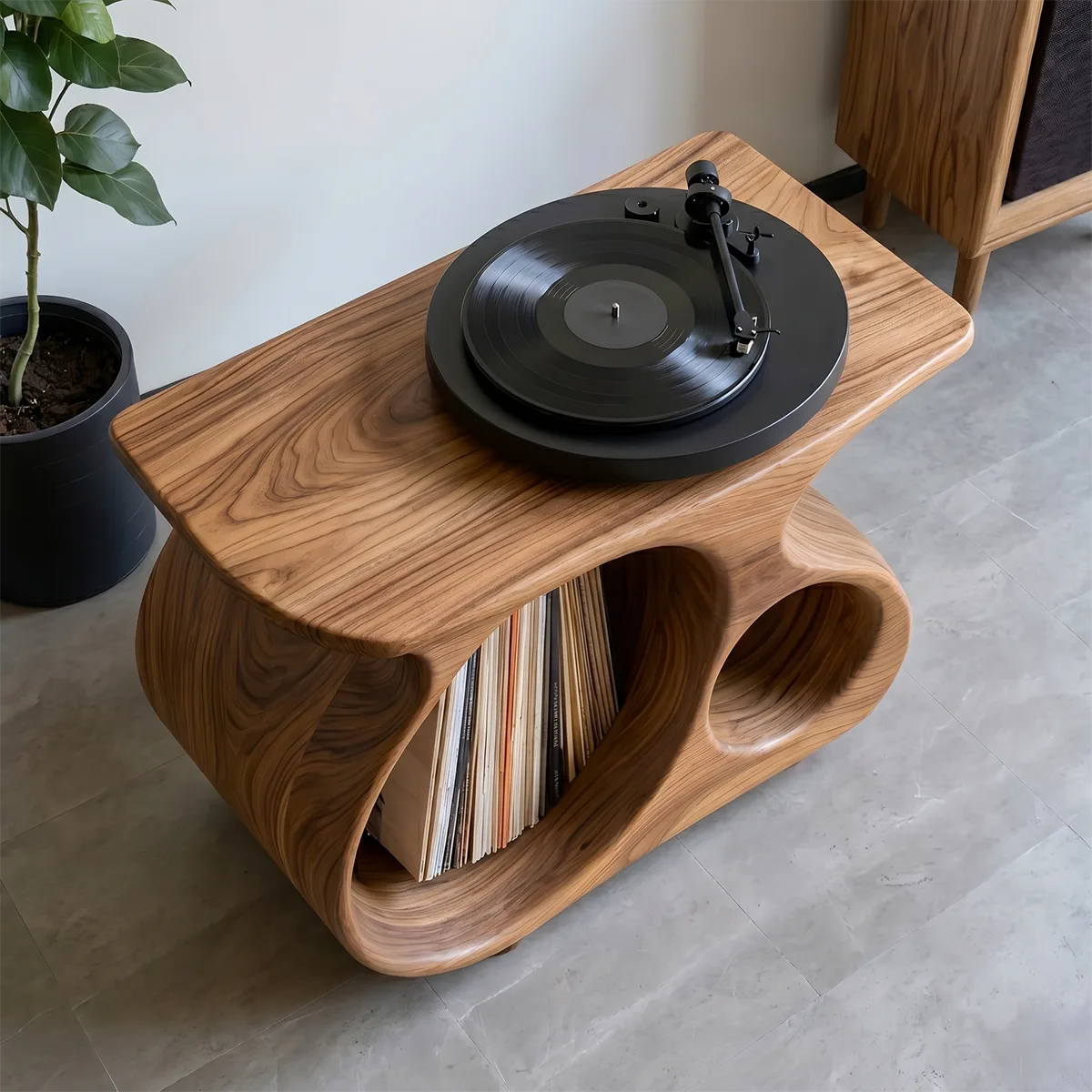 Mid-Century Modern Solid Wood Record Player Stand With Vinyl Storage