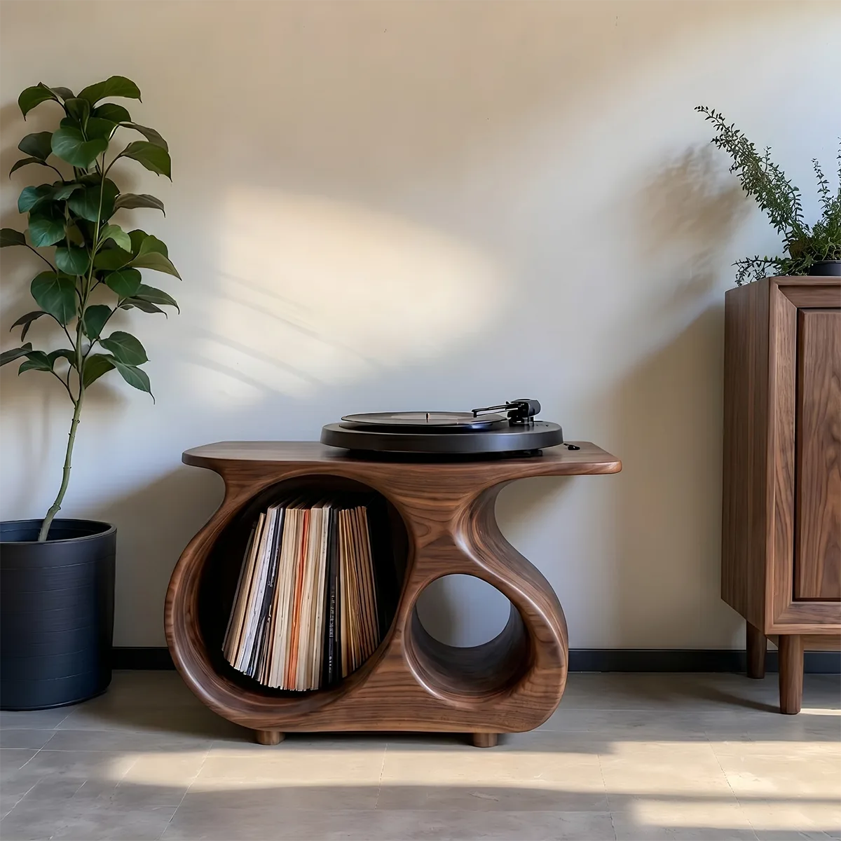 Mid-Century Modern Solid Wood Record Player Stand With Vinyl Storage