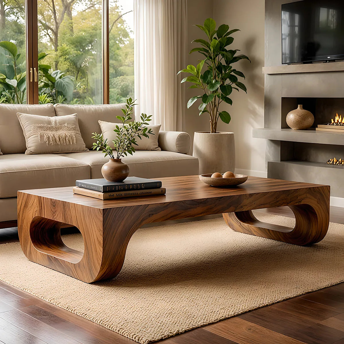 Modern Solid Wood Coffee Table with Sculptural Waterfall Legs TT006-3447