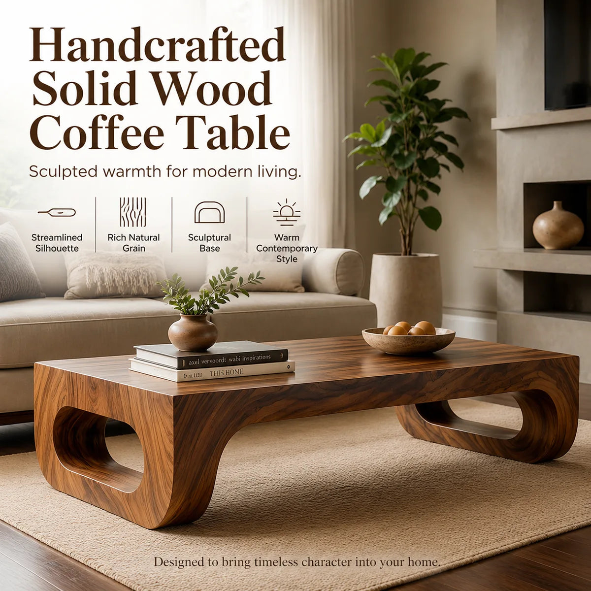 Modern Solid Wood Coffee Table with Sculptural Waterfall Legs TT006-3447