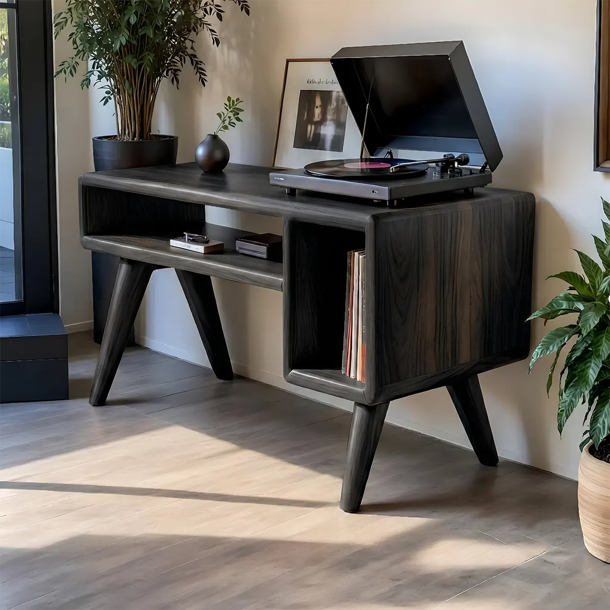 Mid-Century Modern Wood Record Player Stand & Vinyl Storage