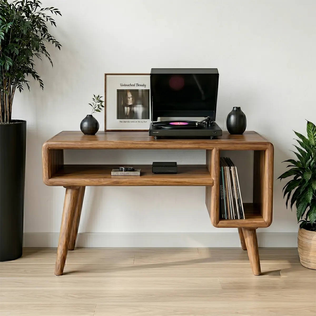 Mid-Century Modern Wood Record Player Stand & Vinyl Storage