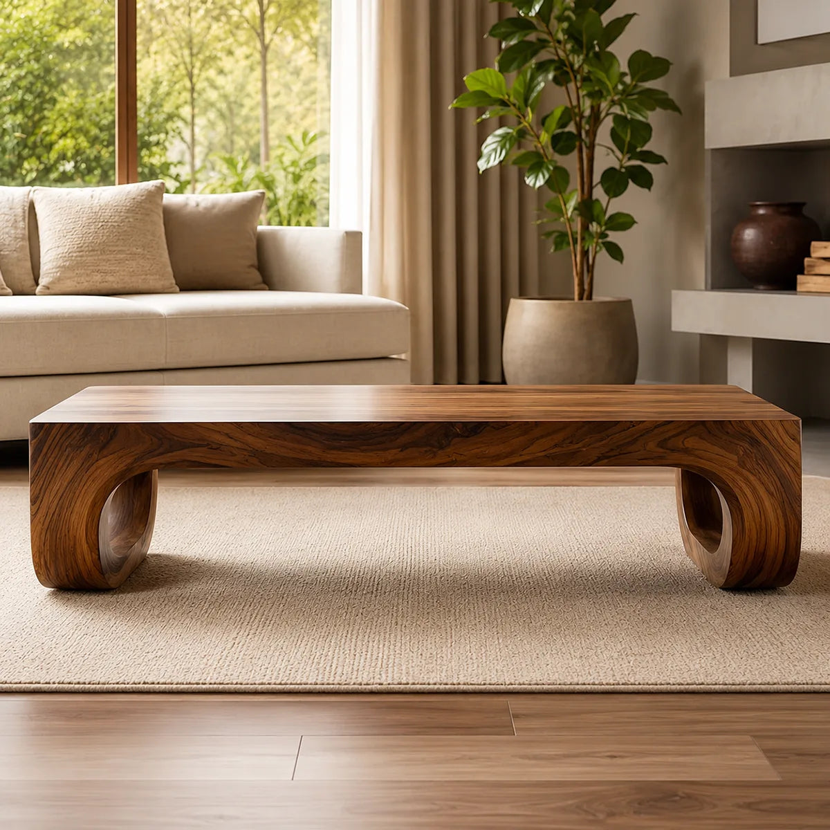 Modern Solid Wood Coffee Table with Sculptural Waterfall Legs TT006-3447
