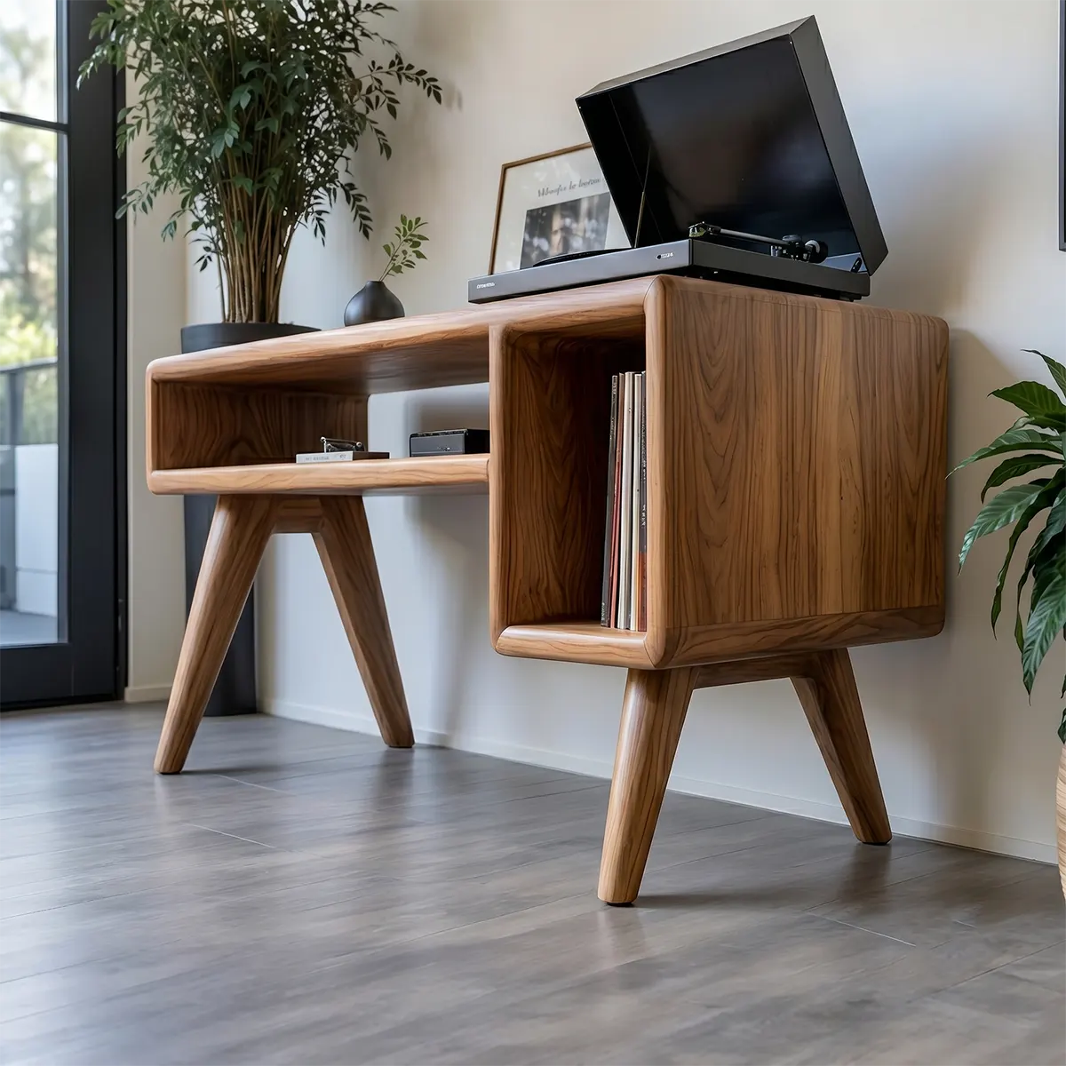 Mid-Century Modern Wood Record Player Stand & Vinyl Storage