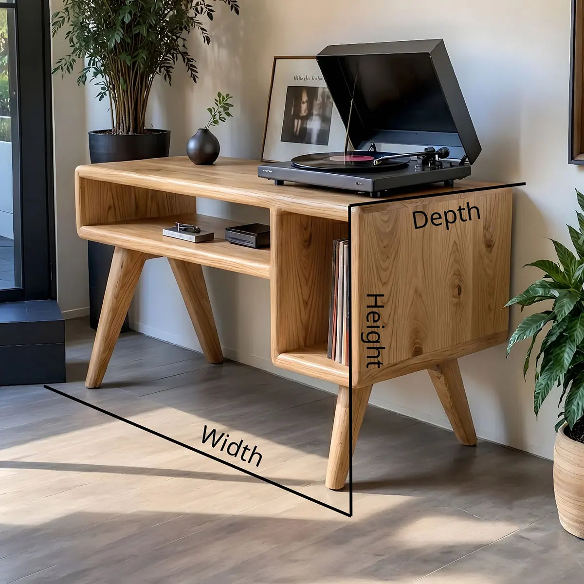 Mid-Century Modern Wood Record Player Stand & Vinyl Storage