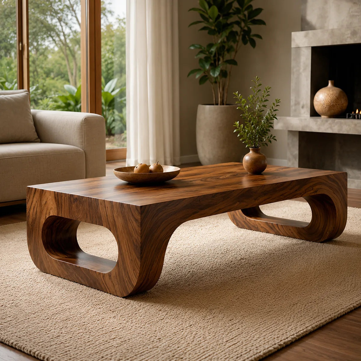 Modern Solid Wood Coffee Table with Sculptural Waterfall Legs TT006-3447