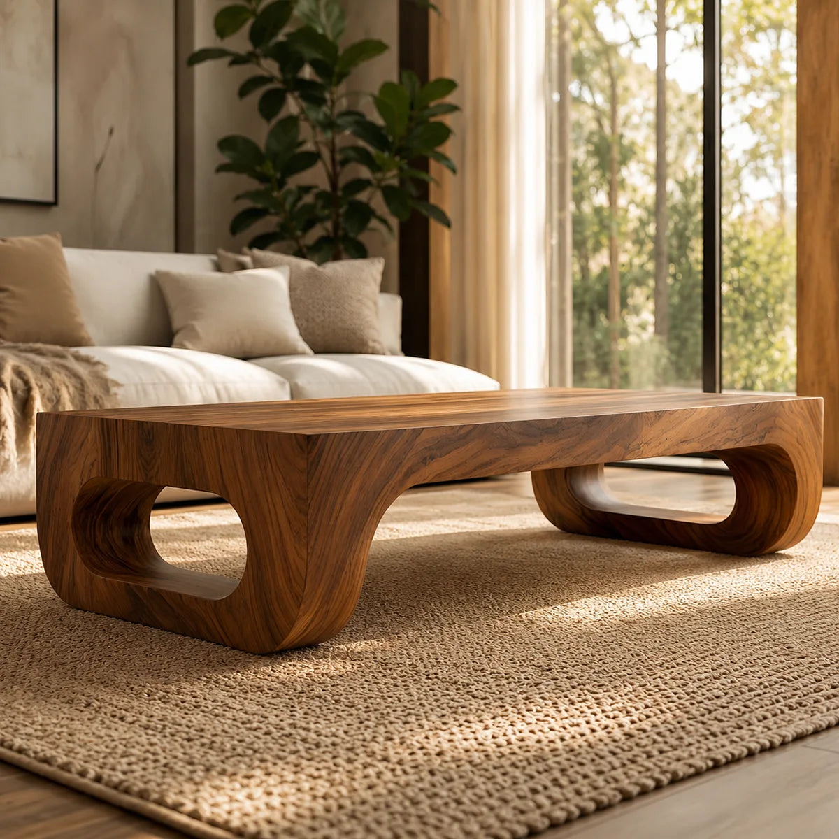 Modern Solid Wood Coffee Table with Sculptural Waterfall Legs TT006-3447