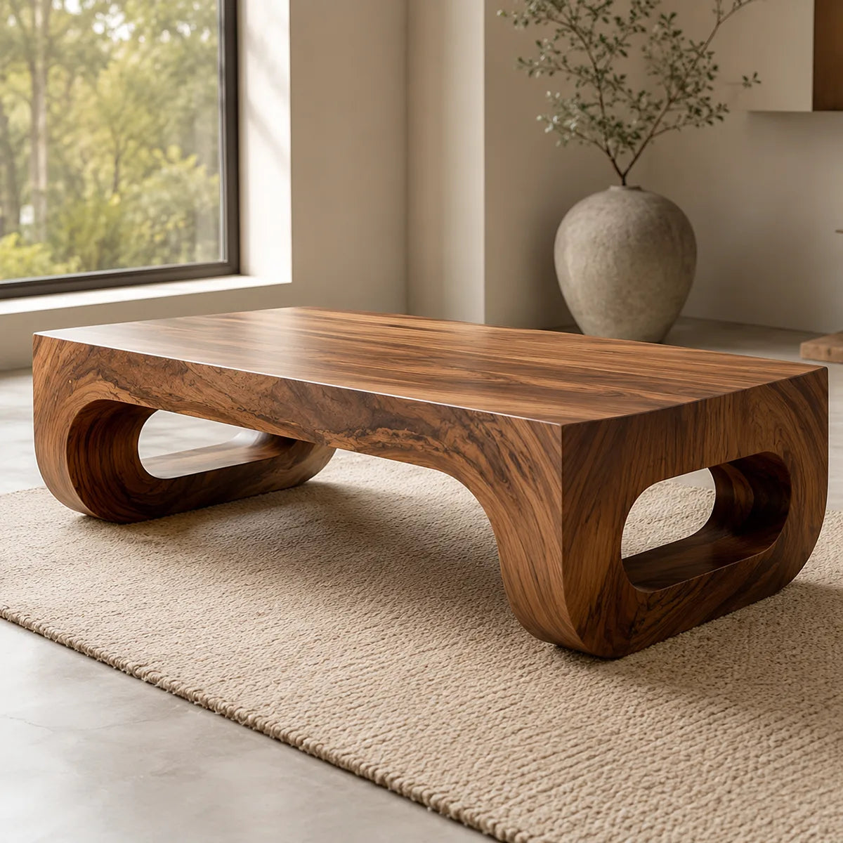Modern Solid Wood Coffee Table with Sculptural Waterfall Legs TT006-3447