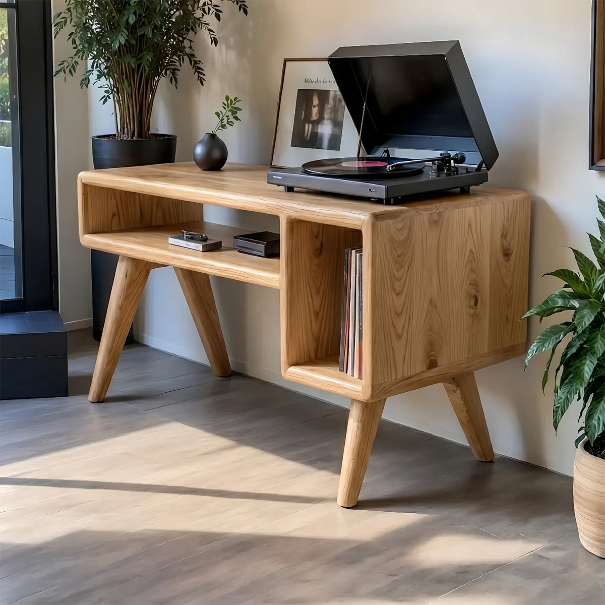 Mid-Century Modern Wood Record Player Stand & Vinyl Storage