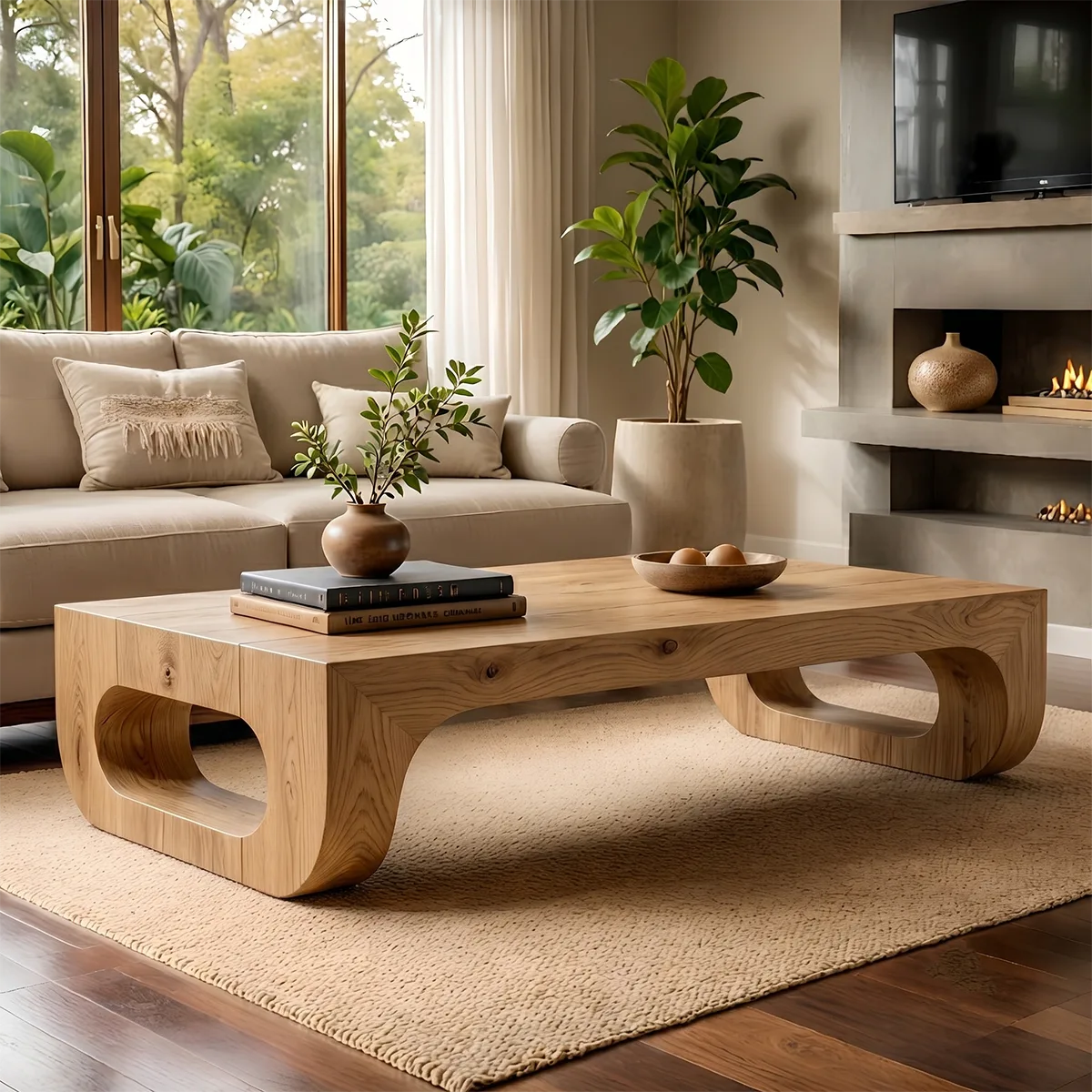 Modern Solid Wood Coffee Table with Sculptural Waterfall Legs TT006-3447
