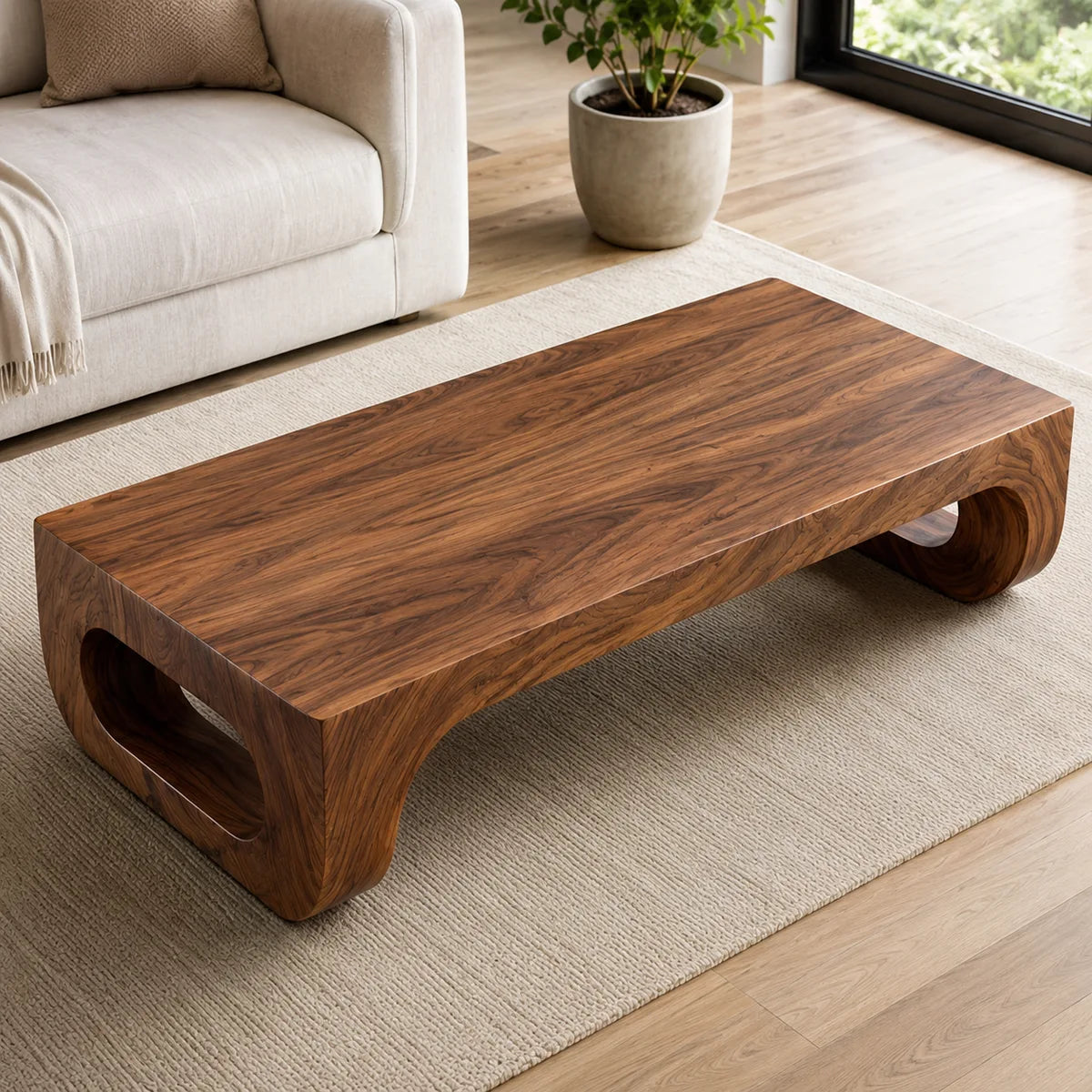 Modern Solid Wood Coffee Table with Sculptural Waterfall Legs TT006-3447