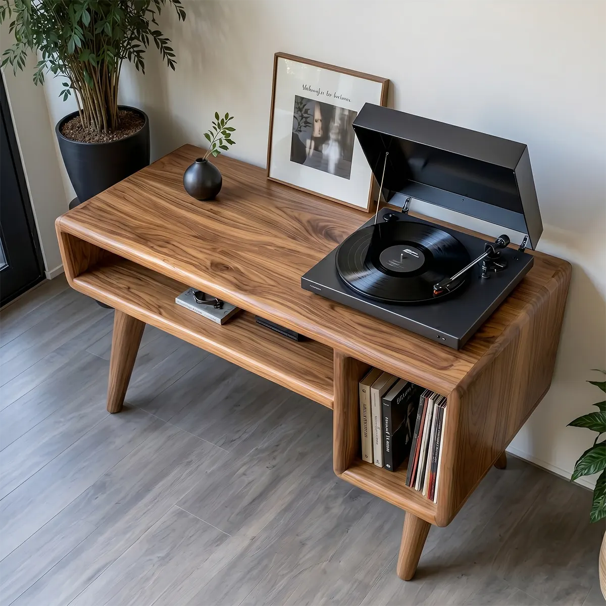 Mid-Century Modern Wood Record Player Stand & Vinyl Storage