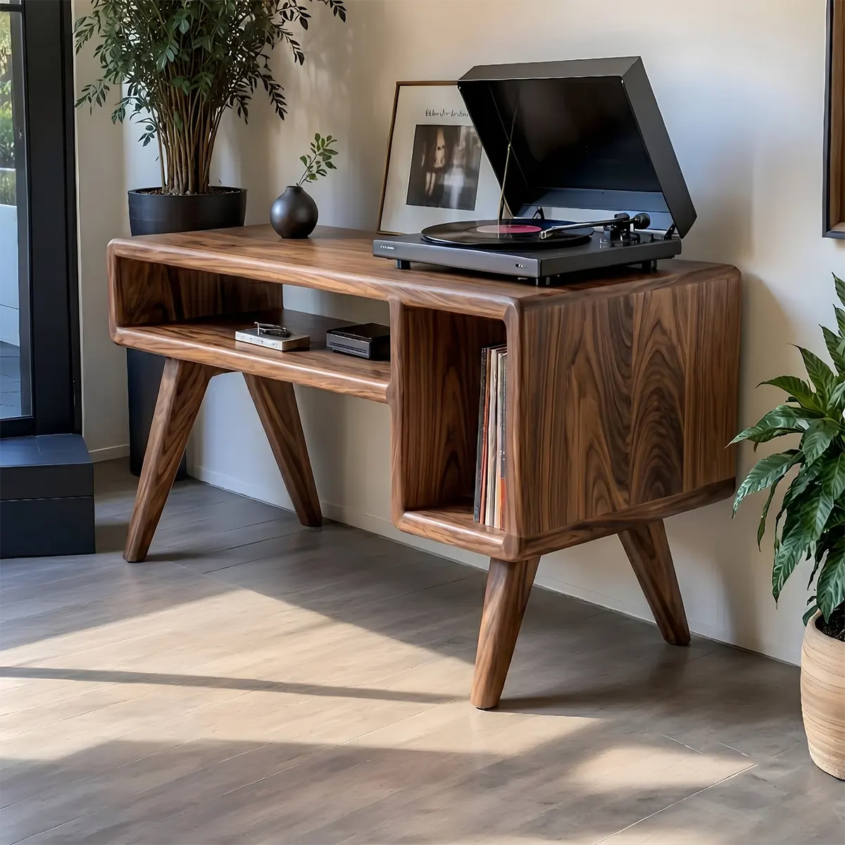 Mid-Century Modern Wood Record Player Stand & Vinyl Storage