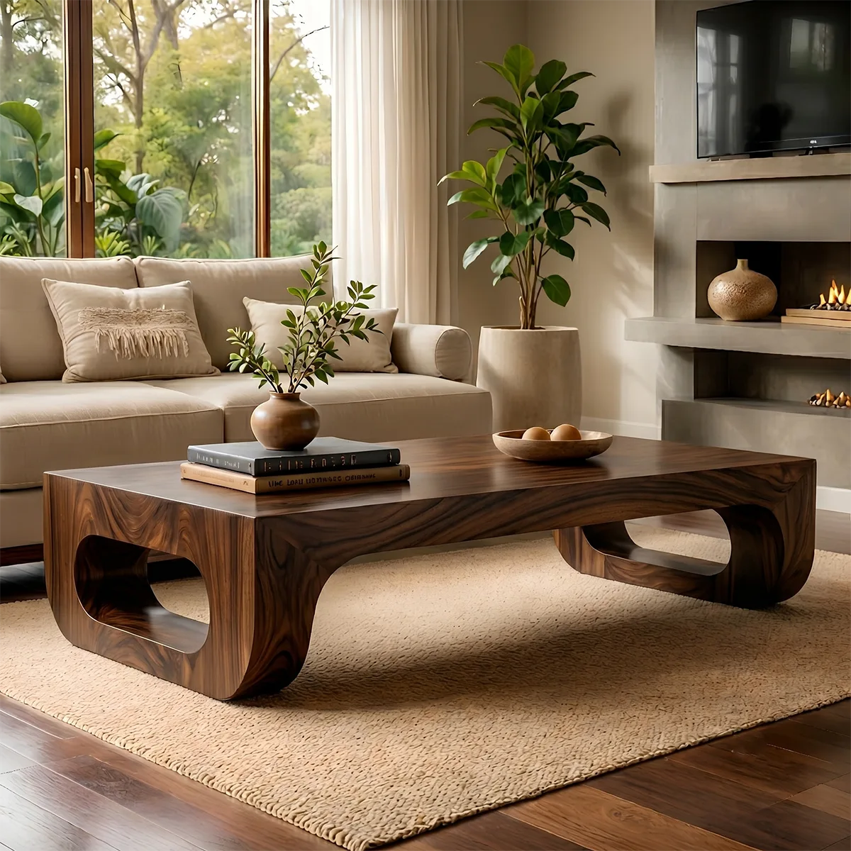 Modern Solid Wood Coffee Table with Sculptural Waterfall Legs TT006-3447