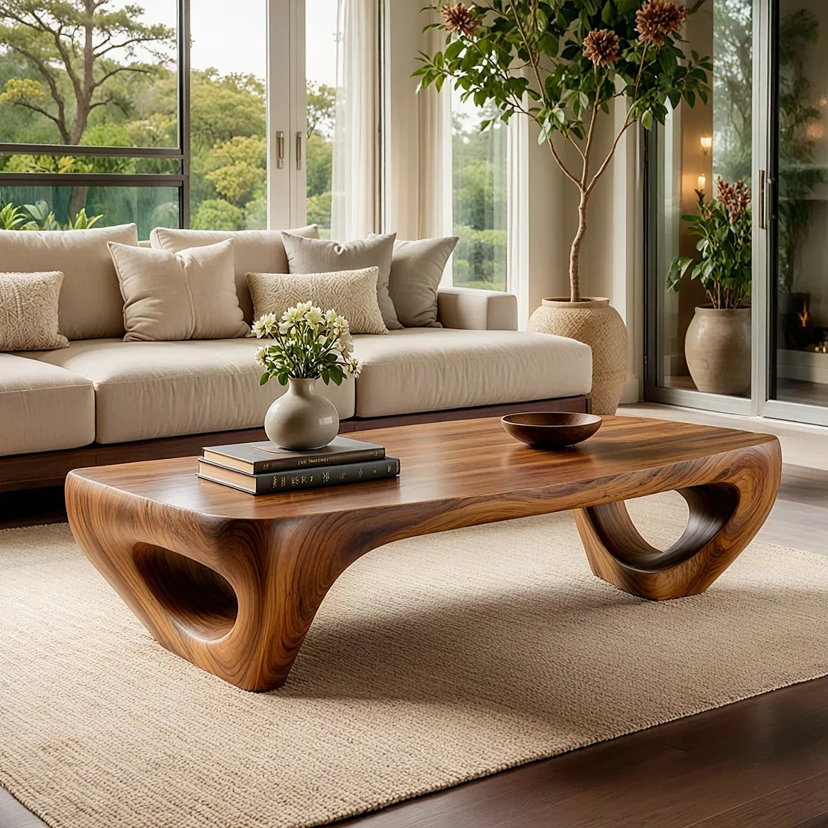 Handcrafted Solid Wood Coffee Table with Sculptural Ring Legs TT006-3444