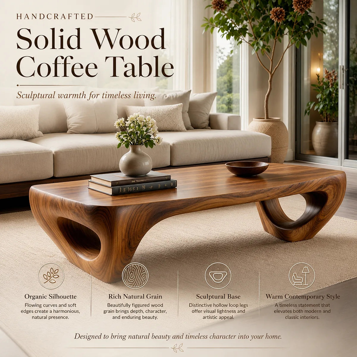 Handcrafted Solid Wood Coffee Table with Sculptural Ring Legs TT006-3444