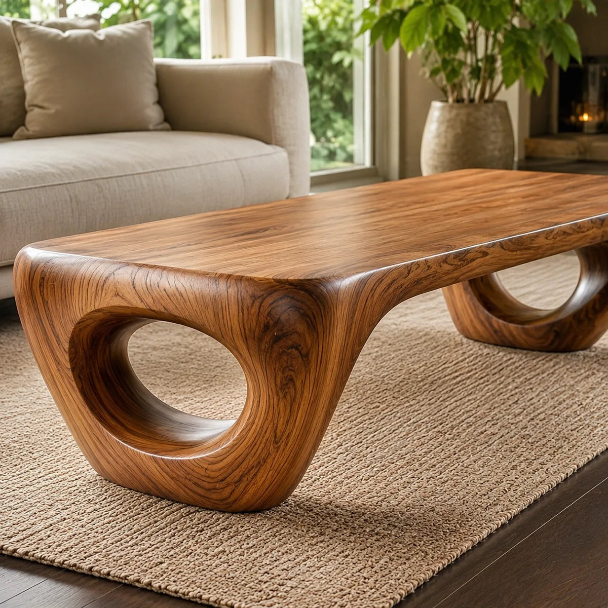 Handcrafted Solid Wood Coffee Table with Sculptural Ring Legs TT006-3444