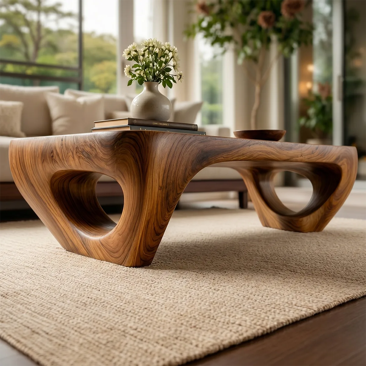 Handcrafted Solid Wood Coffee Table with Sculptural Ring Legs TT006-3444