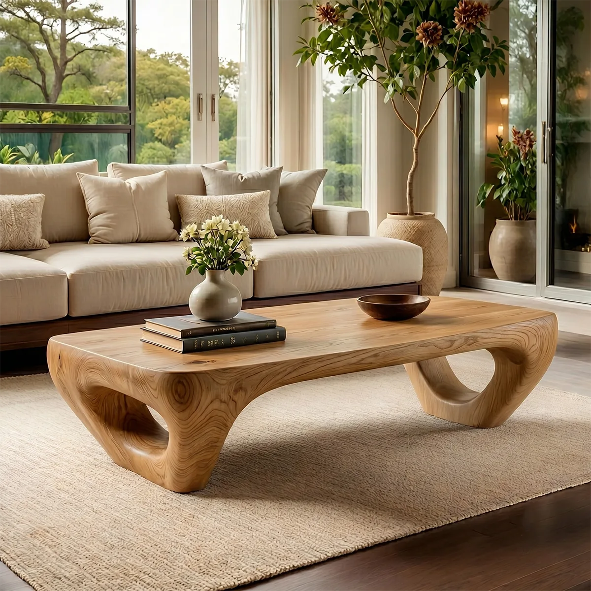 Handcrafted Solid Wood Coffee Table with Sculptural Ring Legs TT006-3444