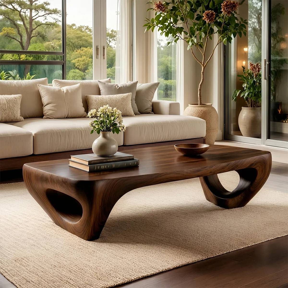 Handcrafted Solid Wood Coffee Table with Sculptural Ring Legs TT006-3444