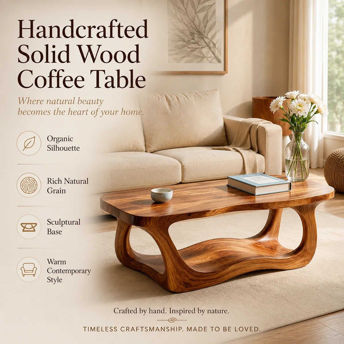 Handcrafted Solid Wood Coffee Table with Sculptural Wave Shelf TT006-8083