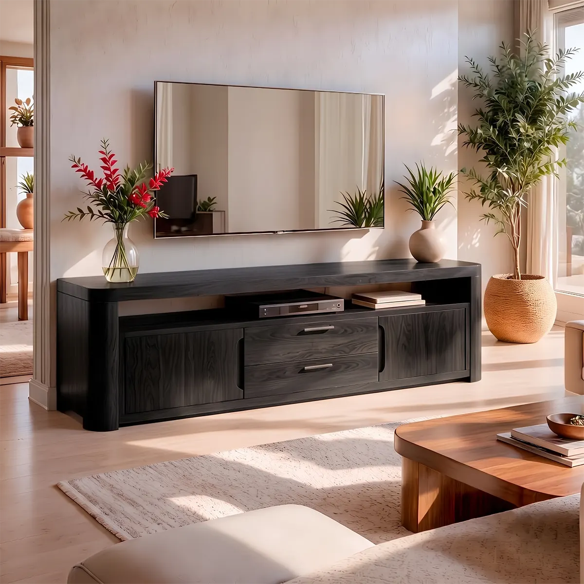 Modern TV Stand with 2 Cabinets, 2 Drawers & Open Media Shelf | Low Profile Entertainment Console TT006-8OIW7WL