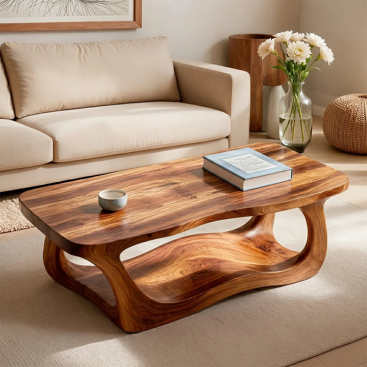 Handcrafted Solid Wood Coffee Table with Sculptural Wave Shelf TT006-8083