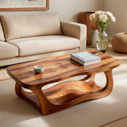Handcrafted Solid Wood Coffee Table with Sculptural Wave Shelf TT006-8083
