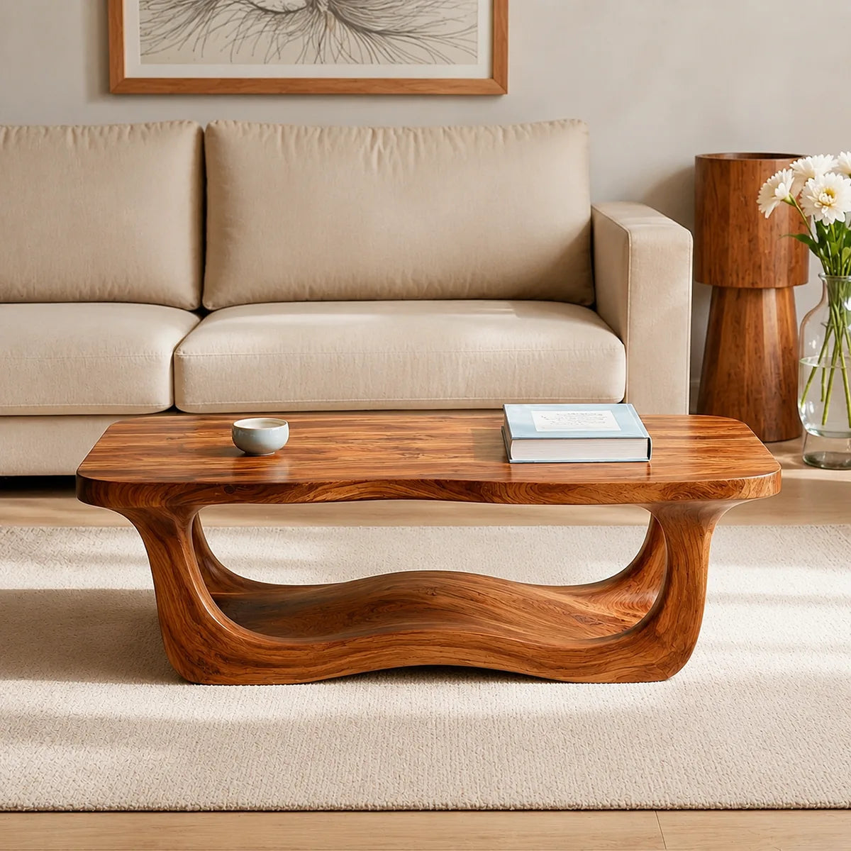 Handcrafted Solid Wood Coffee Table with Sculptural Wave Shelf TT006-8083