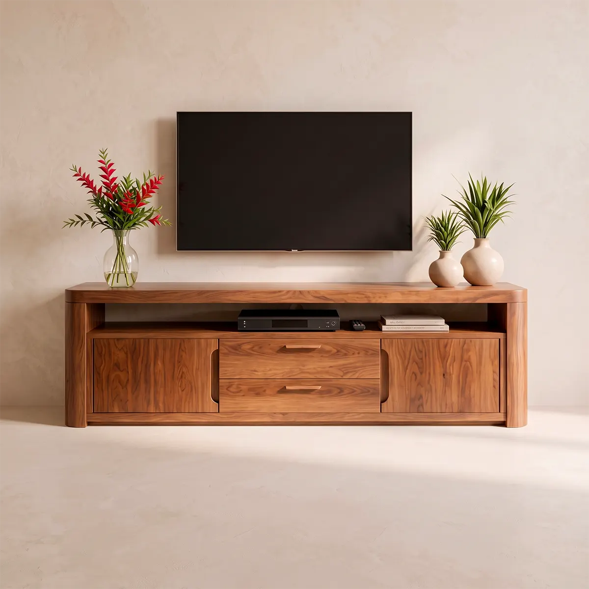 Modern TV Stand with 2 Cabinets, 2 Drawers & Open Media Shelf | Low Profile Entertainment Console TT006-8OIW7WL
