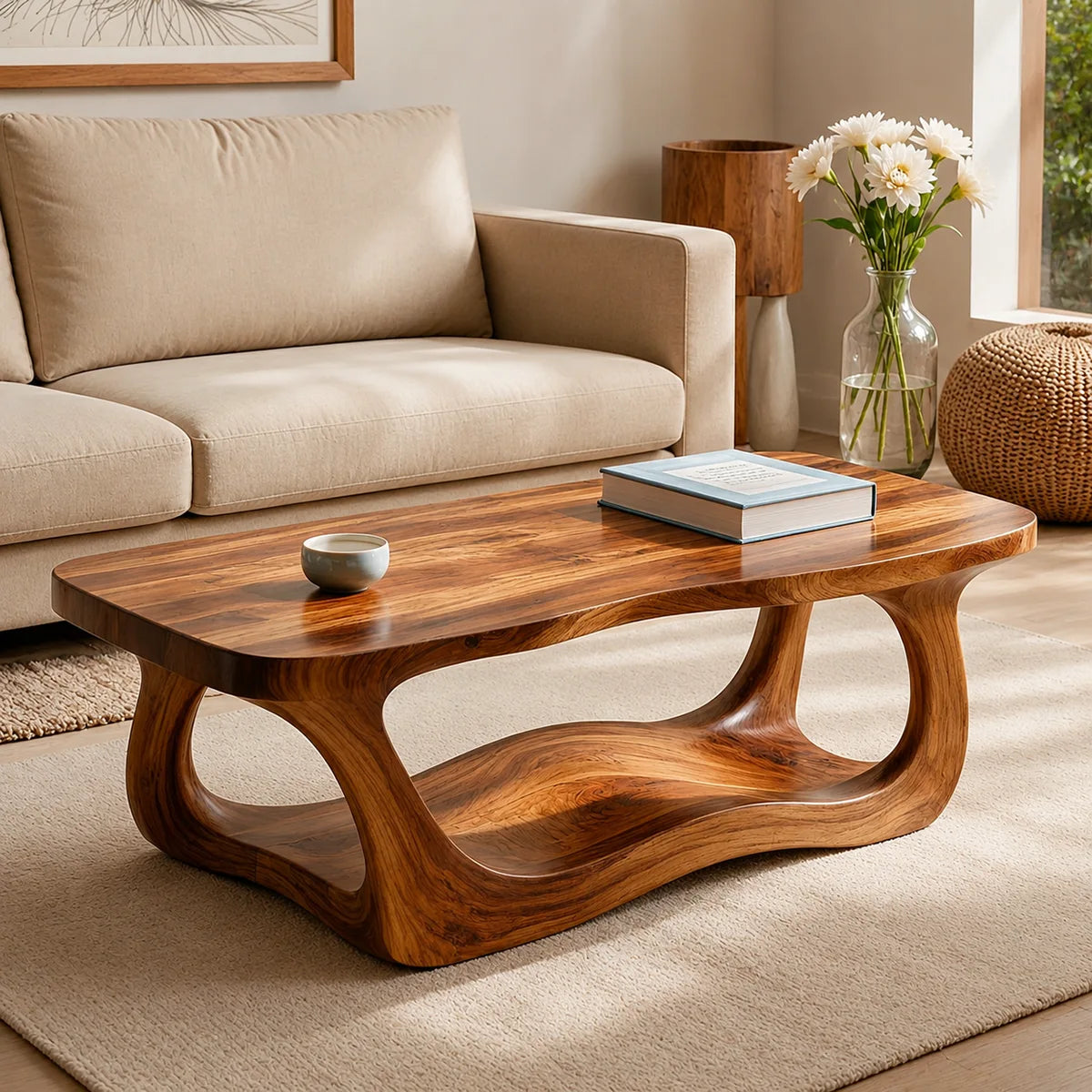 Handcrafted Solid Wood Coffee Table with Sculptural Wave Shelf TT006-8083