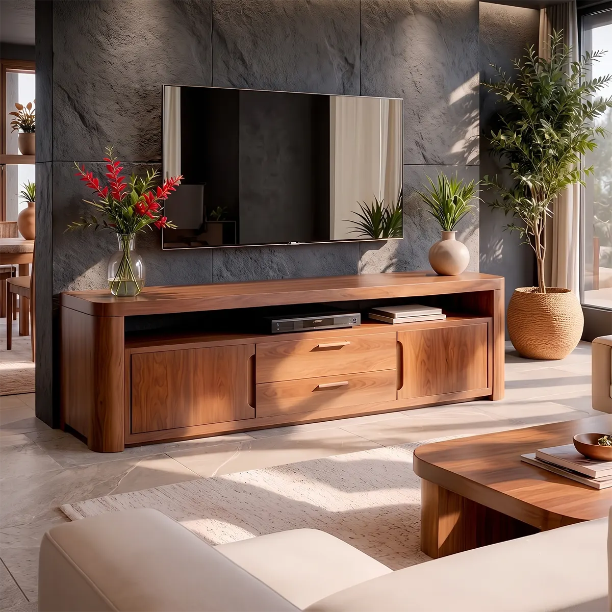 Modern TV Stand with 2 Cabinets, 2 Drawers & Open Media Shelf | Low Profile Entertainment Console TT006-8OIW7WL