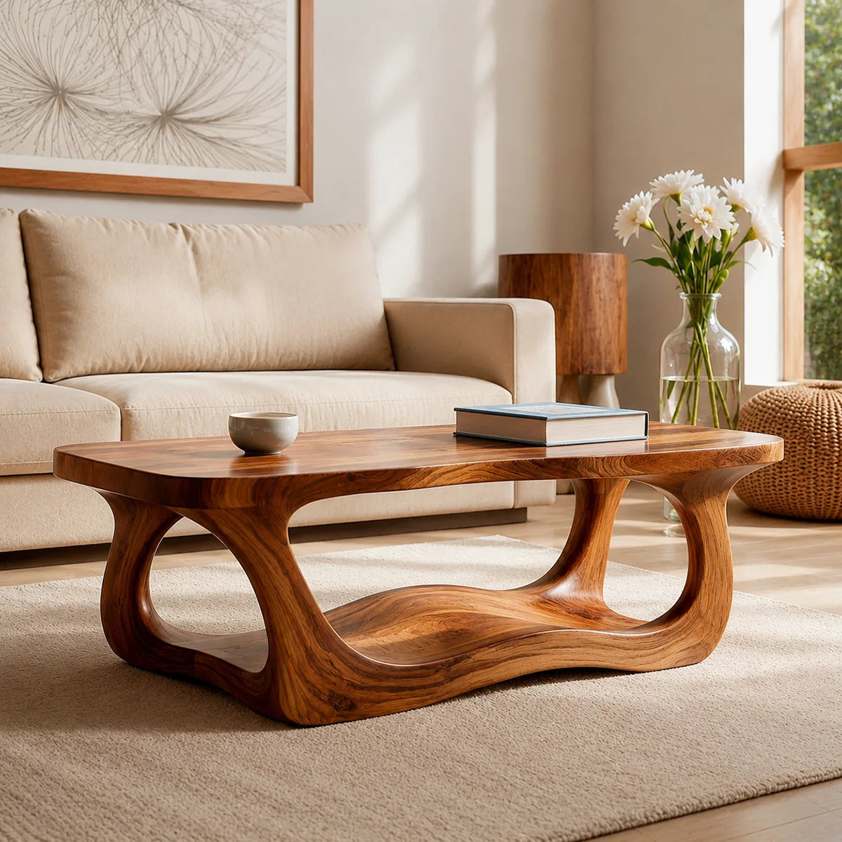Handcrafted Solid Wood Coffee Table with Sculptural Wave Shelf TT006-8083
