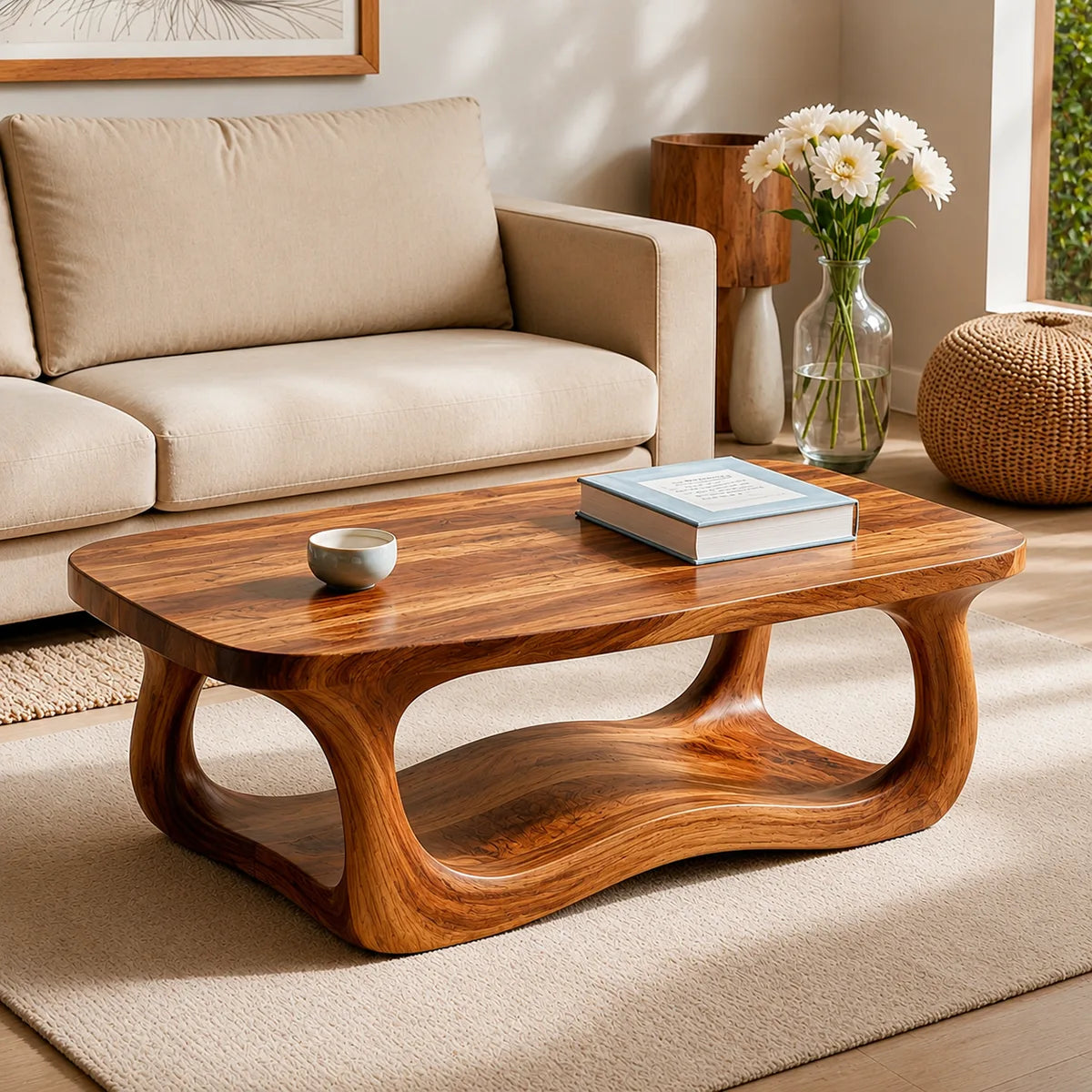 Handcrafted Solid Wood Coffee Table with Sculptural Wave Shelf TT006-8083
