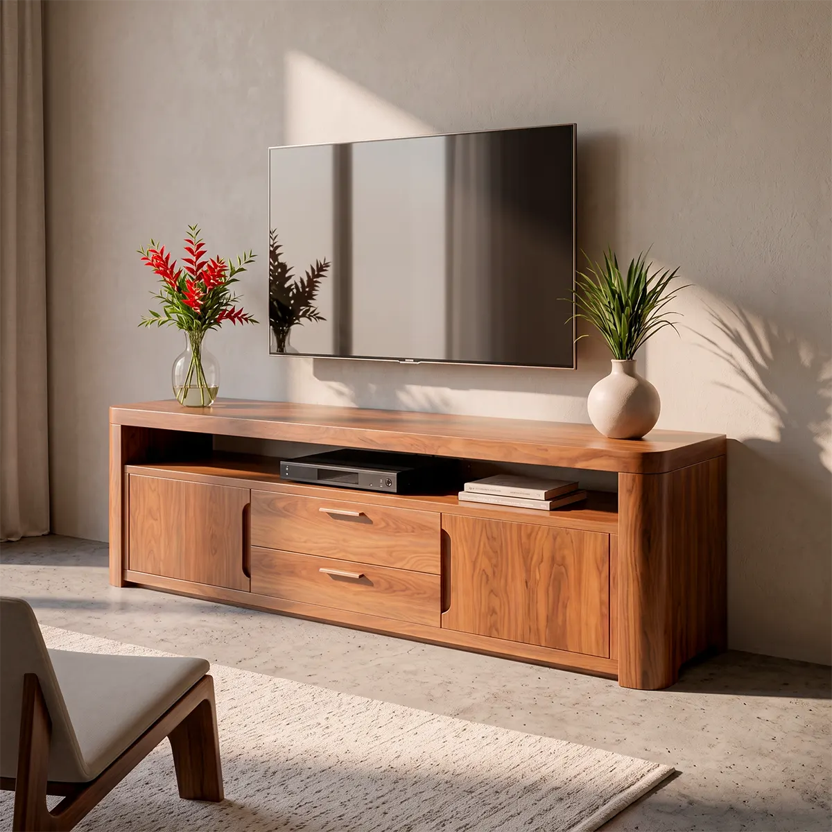 Modern TV Stand with 2 Cabinets, 2 Drawers & Open Media Shelf | Low Profile Entertainment Console TT006-8OIW7WL
