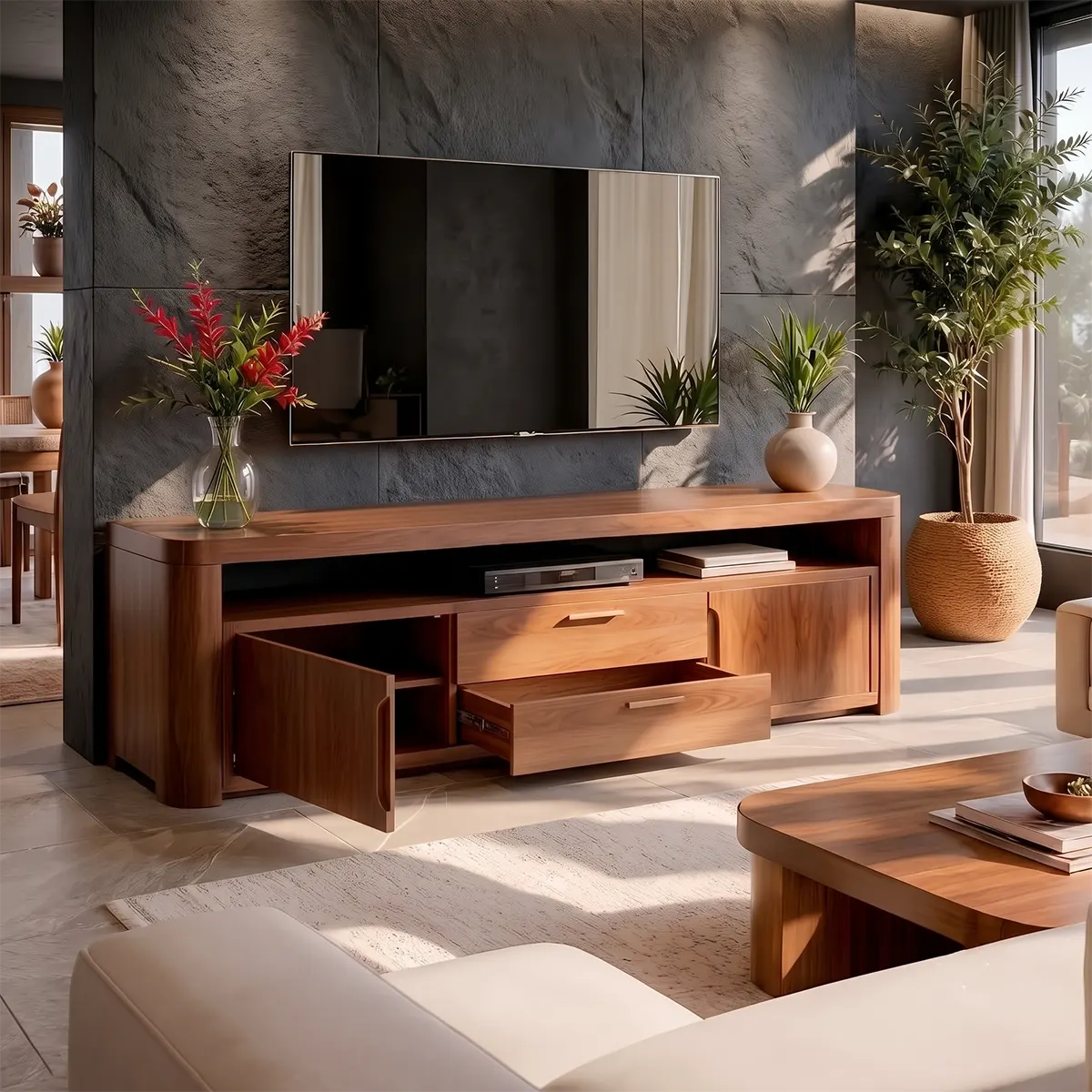 Modern TV Stand with 2 Cabinets, 2 Drawers & Open Media Shelf | Low Profile Entertainment Console TT006-8OIW7WL
