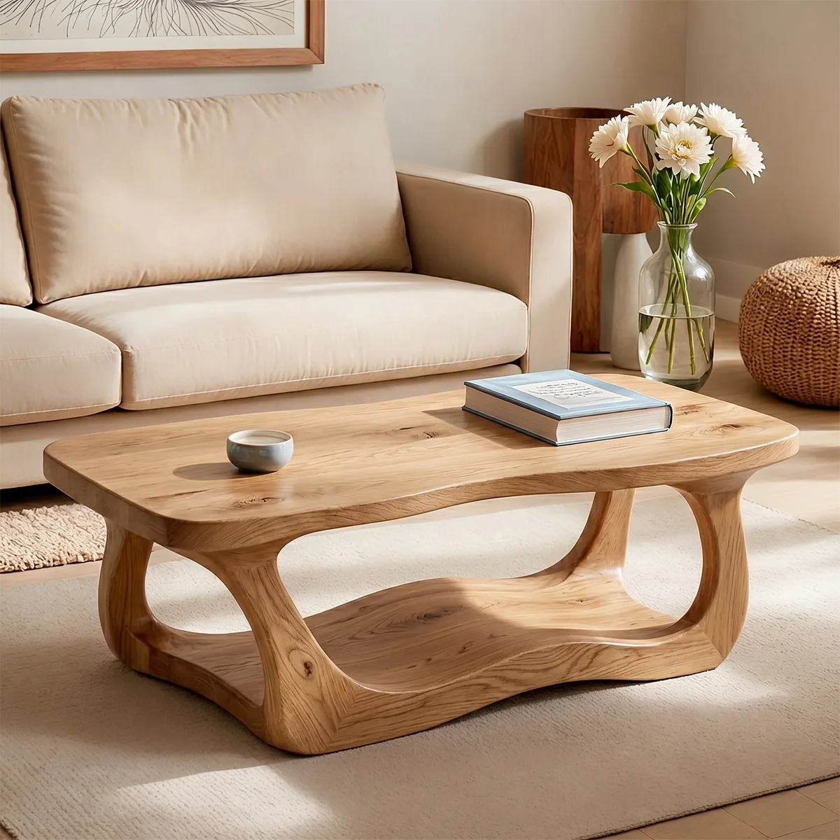 Handcrafted Solid Wood Coffee Table with Sculptural Wave Shelf TT006-8083