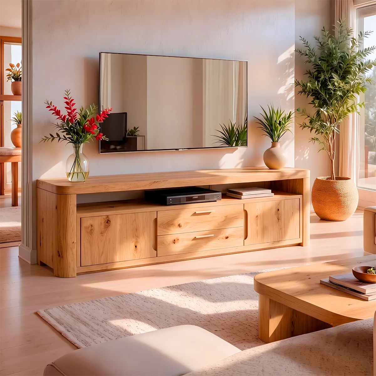 Modern TV Stand with 2 Cabinets, 2 Drawers & Open Media Shelf | Low Profile Entertainment Console TT006-8OIW7WL