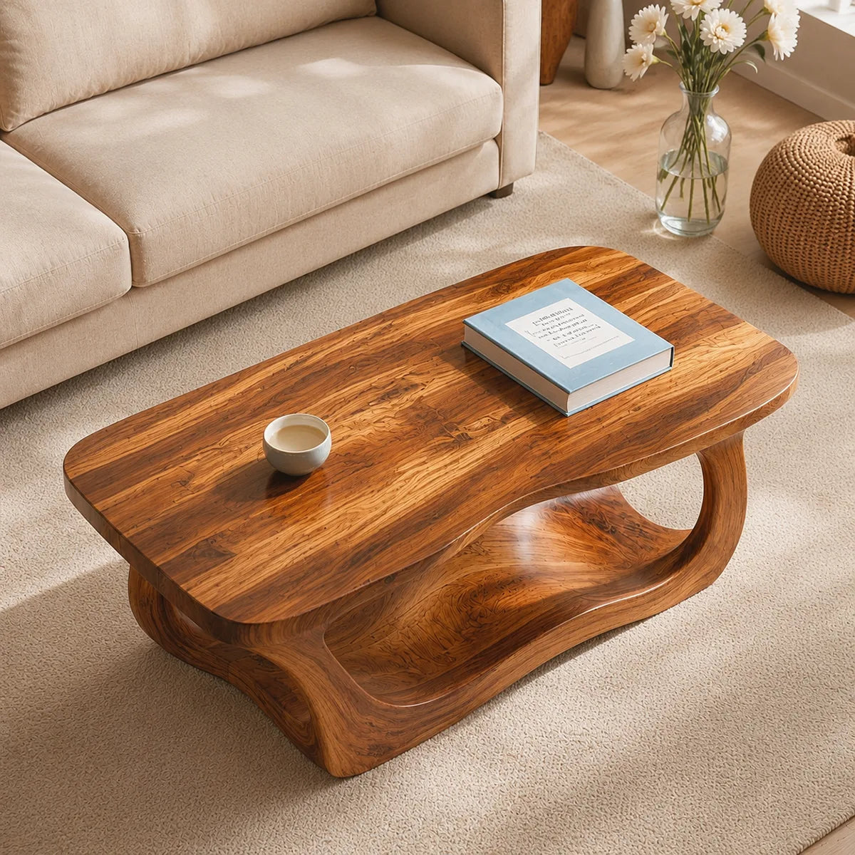 Handcrafted Solid Wood Coffee Table with Sculptural Wave Shelf TT006-8083